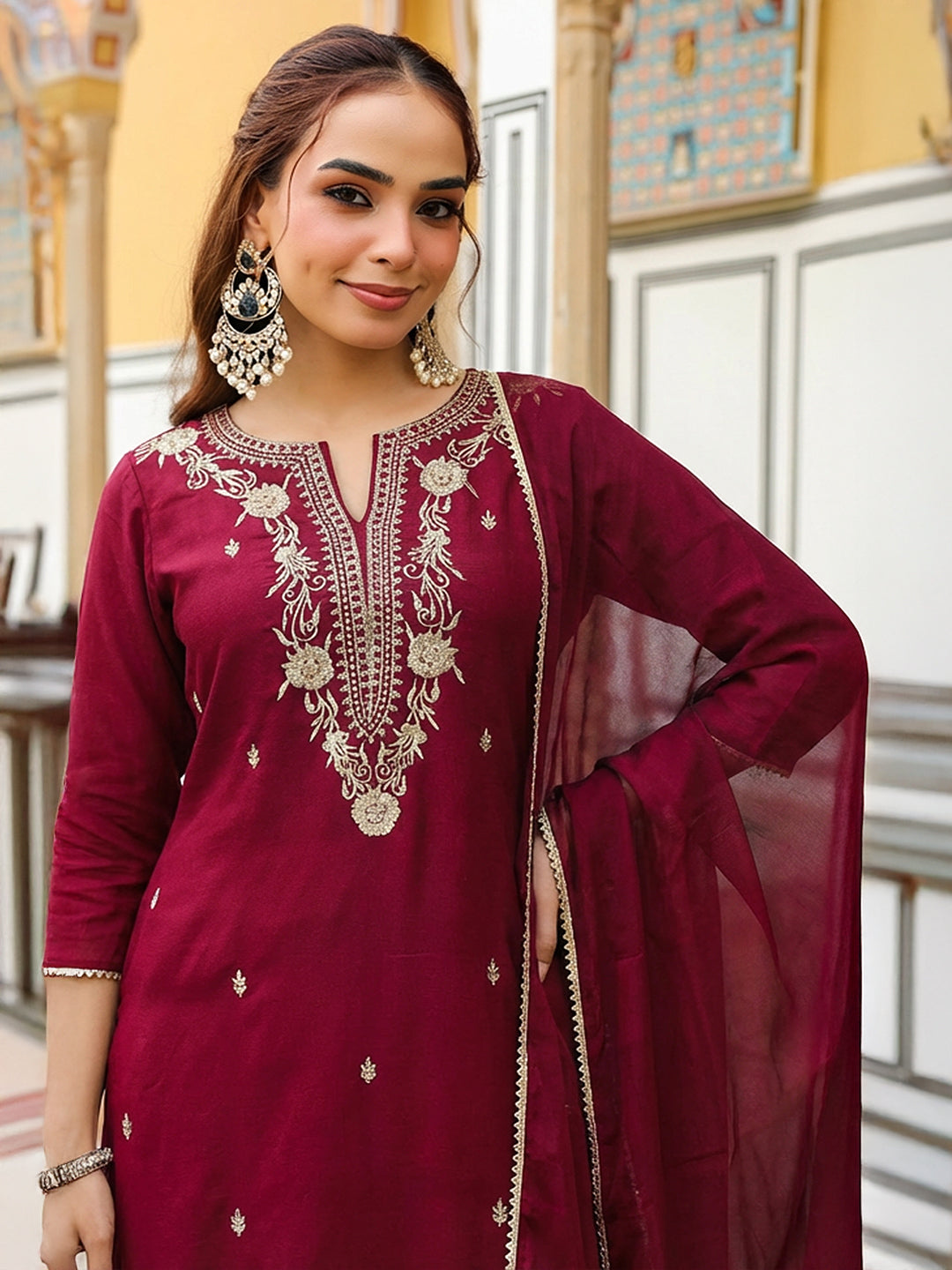 Janasya Women's Maroon Chanderi Silk Zari Embroidered Straight Kurta With Palazzo & Dupatta Set