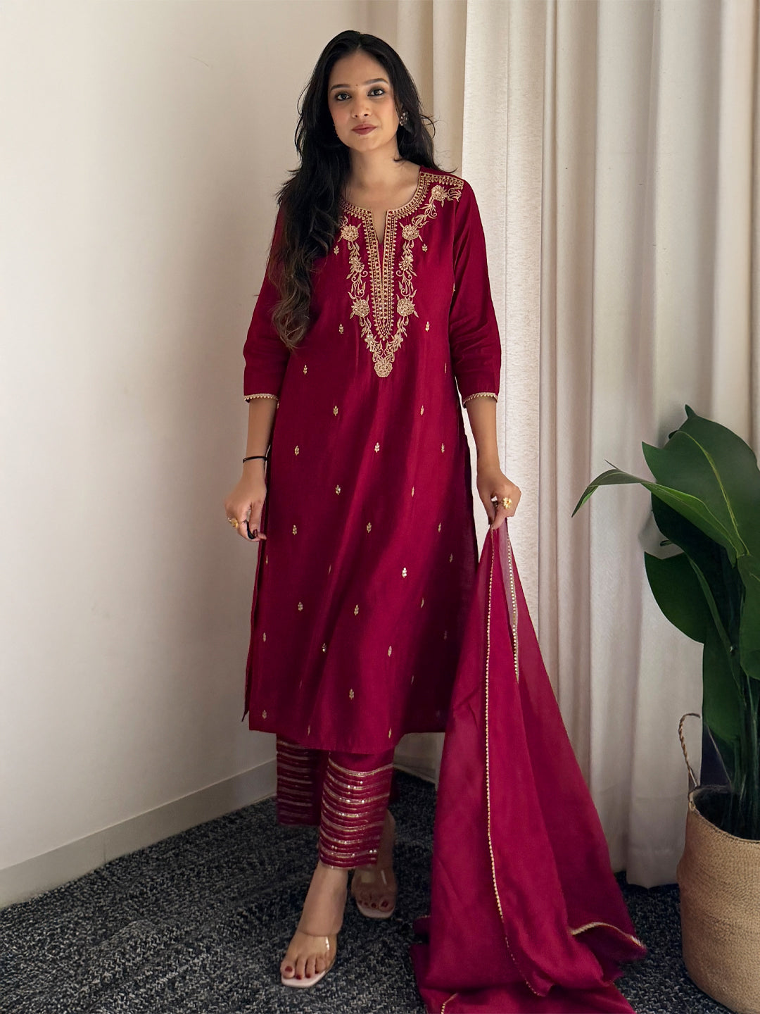 Janasya Women's Maroon Chanderi Silk Floral Zari Embroidered Straight Kurta Set