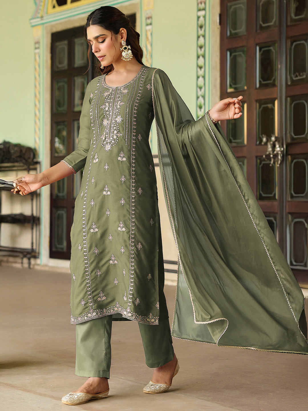 Janasya Women's Sage Green Silk Blend Zari Embroidered Straight Kurta Set