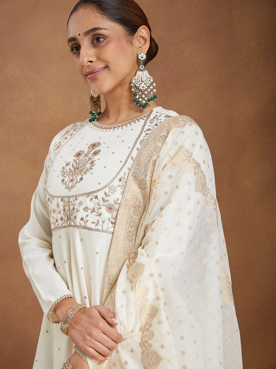 Janasya Women's Off White Chanderi Silk Embroidered A-line Kurta Set