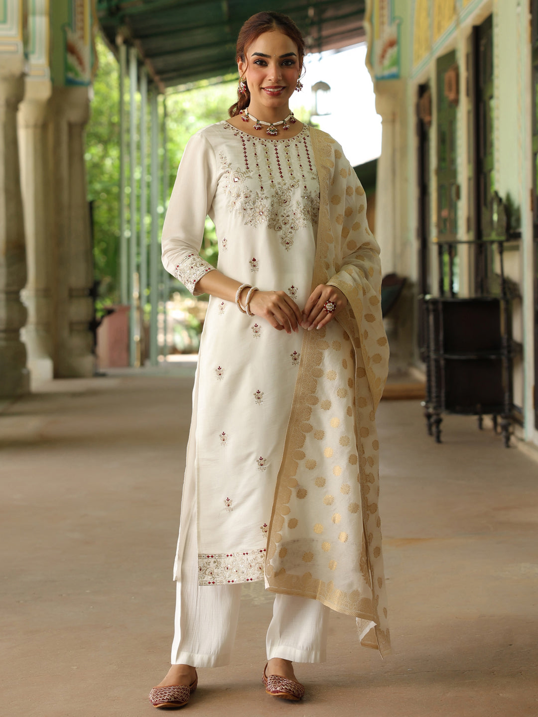 Janasya Women's Off White Chanderi Silk Embroidered Straight Kurta Set