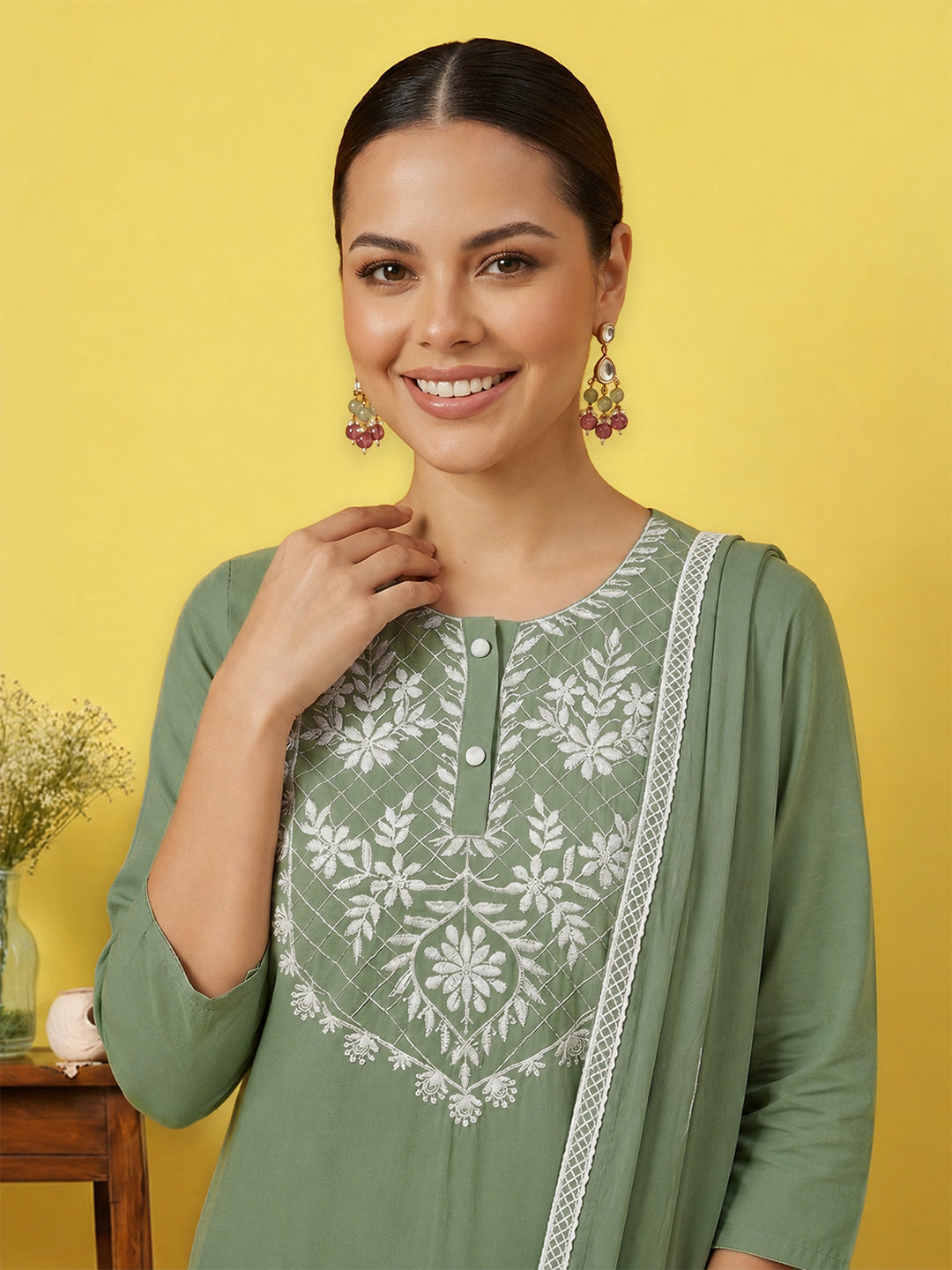 Janasya Women's Sage Green Silk Blend Embroidered Straight Kurta Set