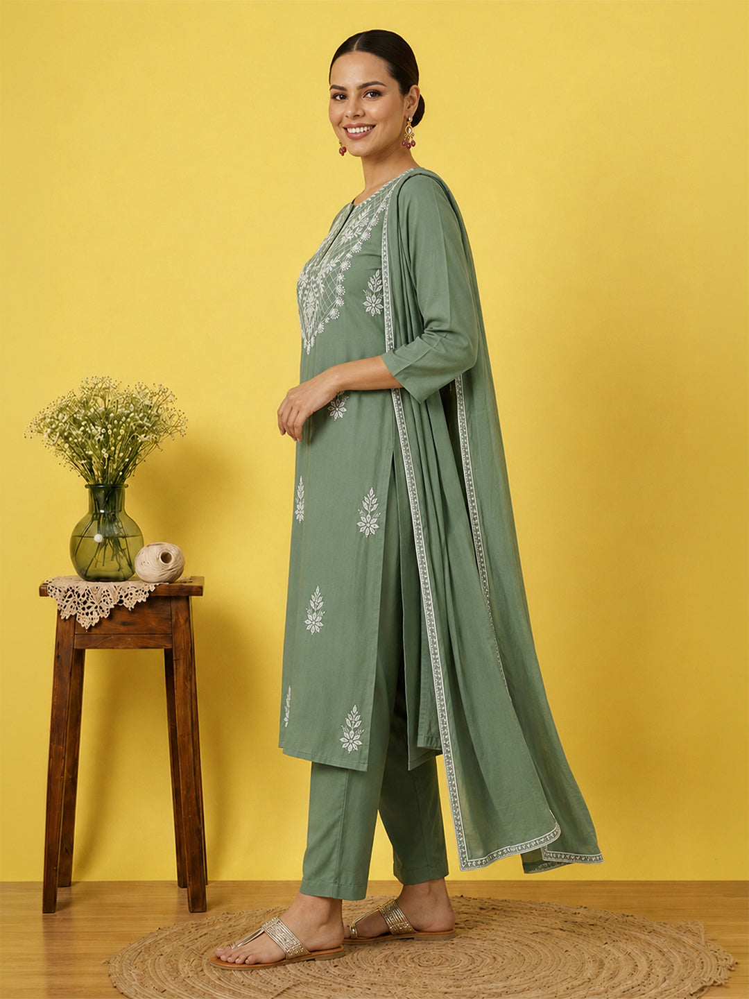 Janasya Women's Sage Green Silk Blend Embroidered Straight Kurta Set