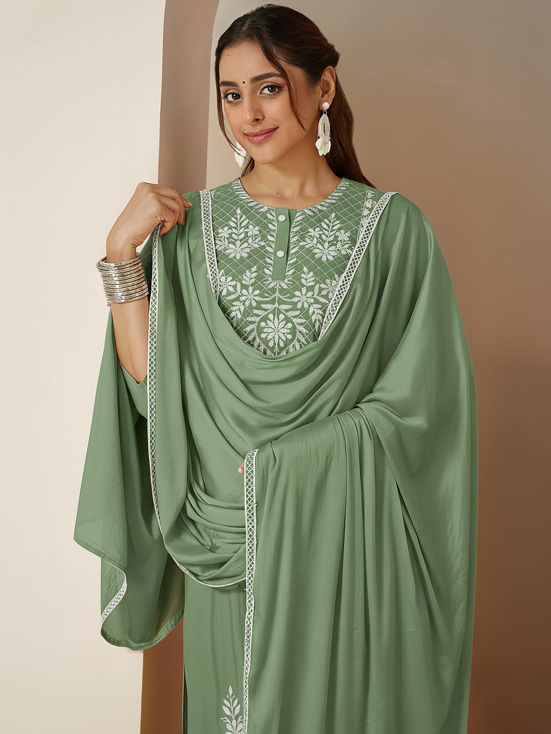 Janasya Women's Sage Green Silk Blend Embroidered Straight Kurta Set