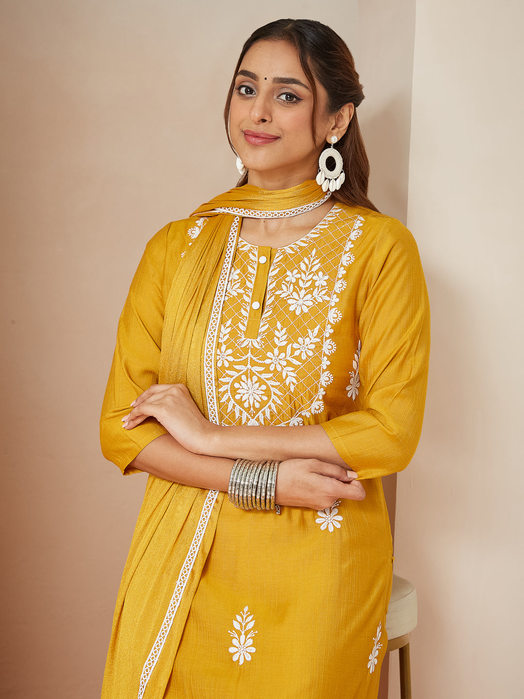 Janasya Women's Mustard Silk Blend Embroidered Straight Kurta Set