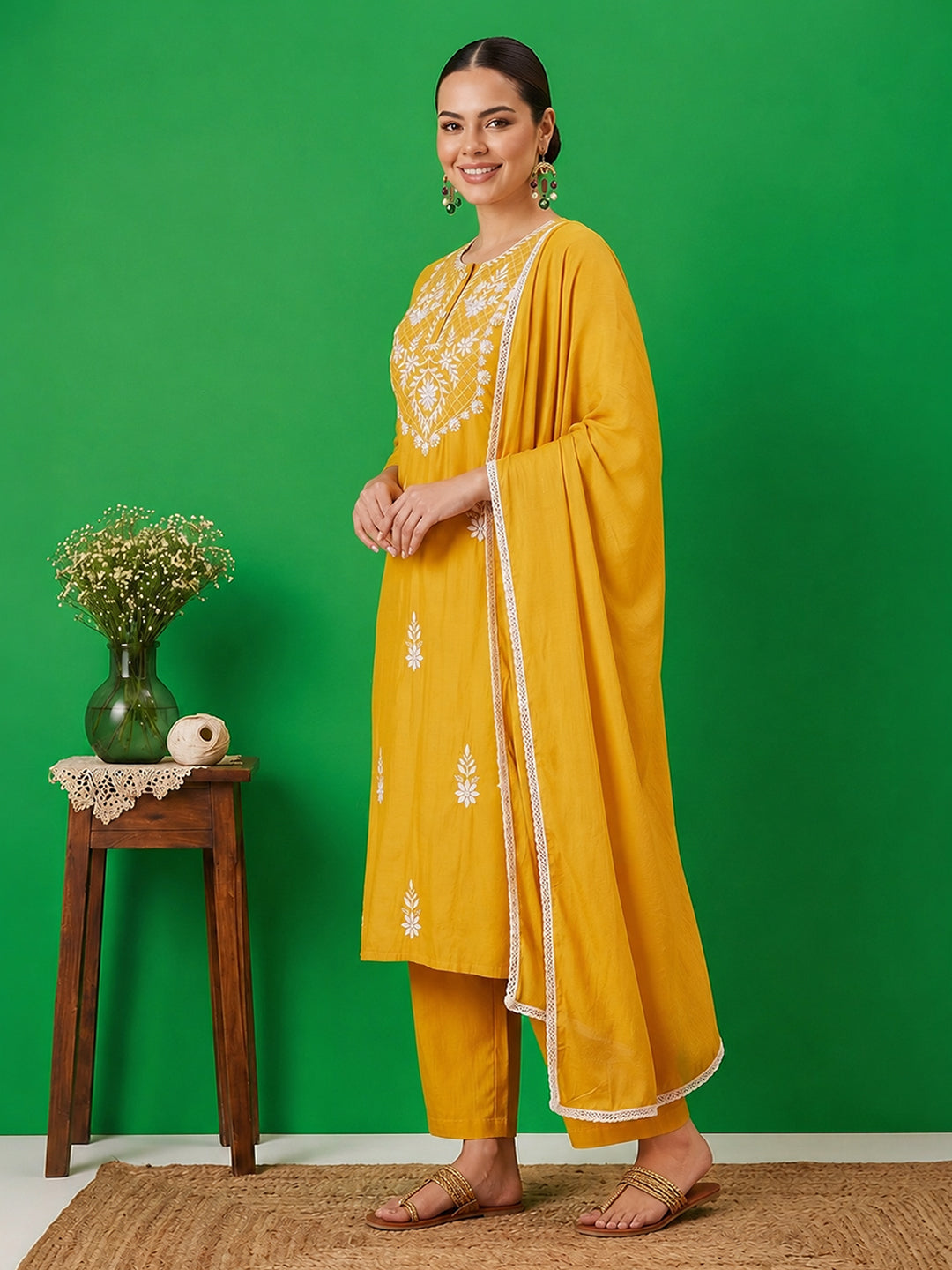 Janasya Women's Mustard Silk Blend Embroidered Straight Kurta Set