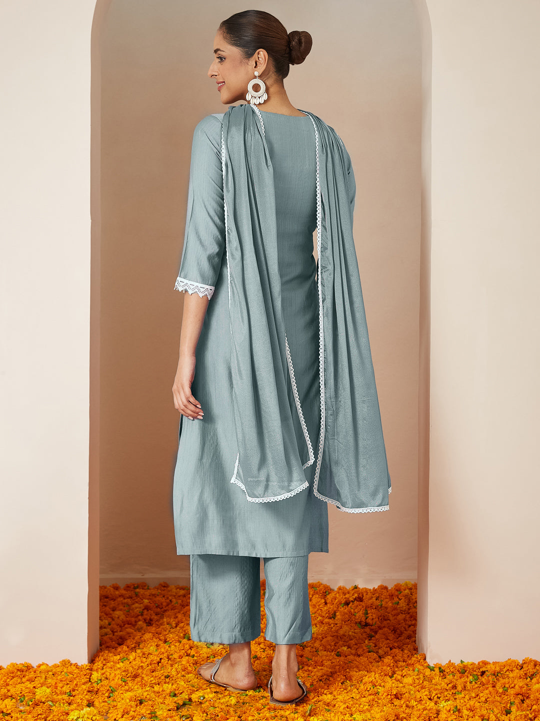 Janasya Women's Powder Blue Silk Blend Embroidered Straight Kurta Set