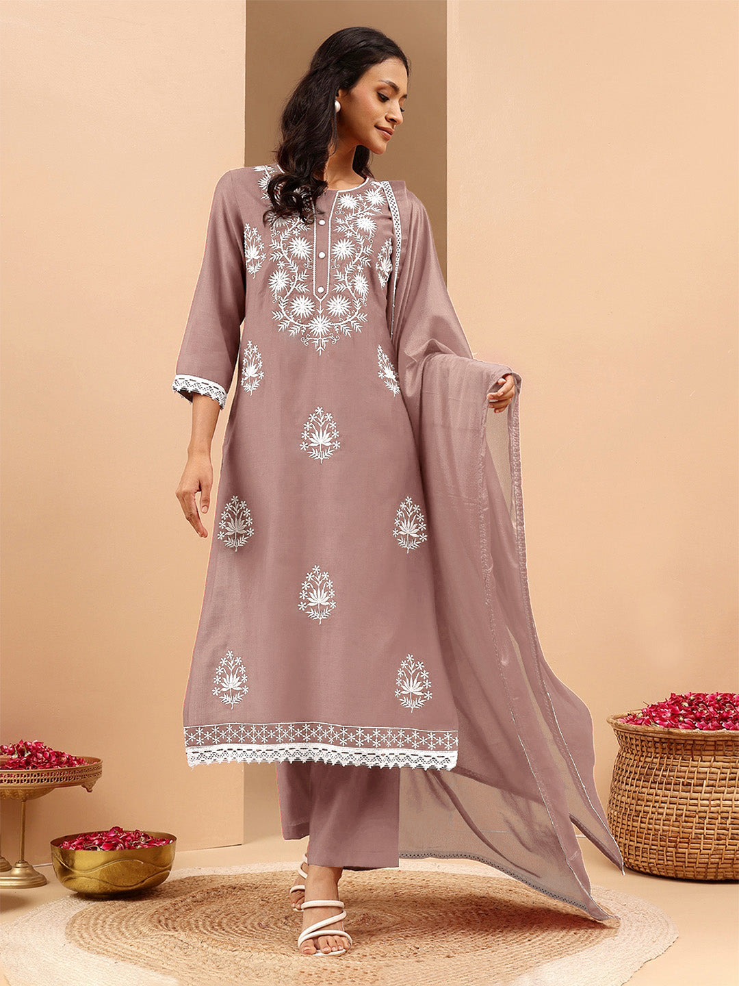 Janasya Women's Brown Silk Blend Embroidered Straight Kurta Set