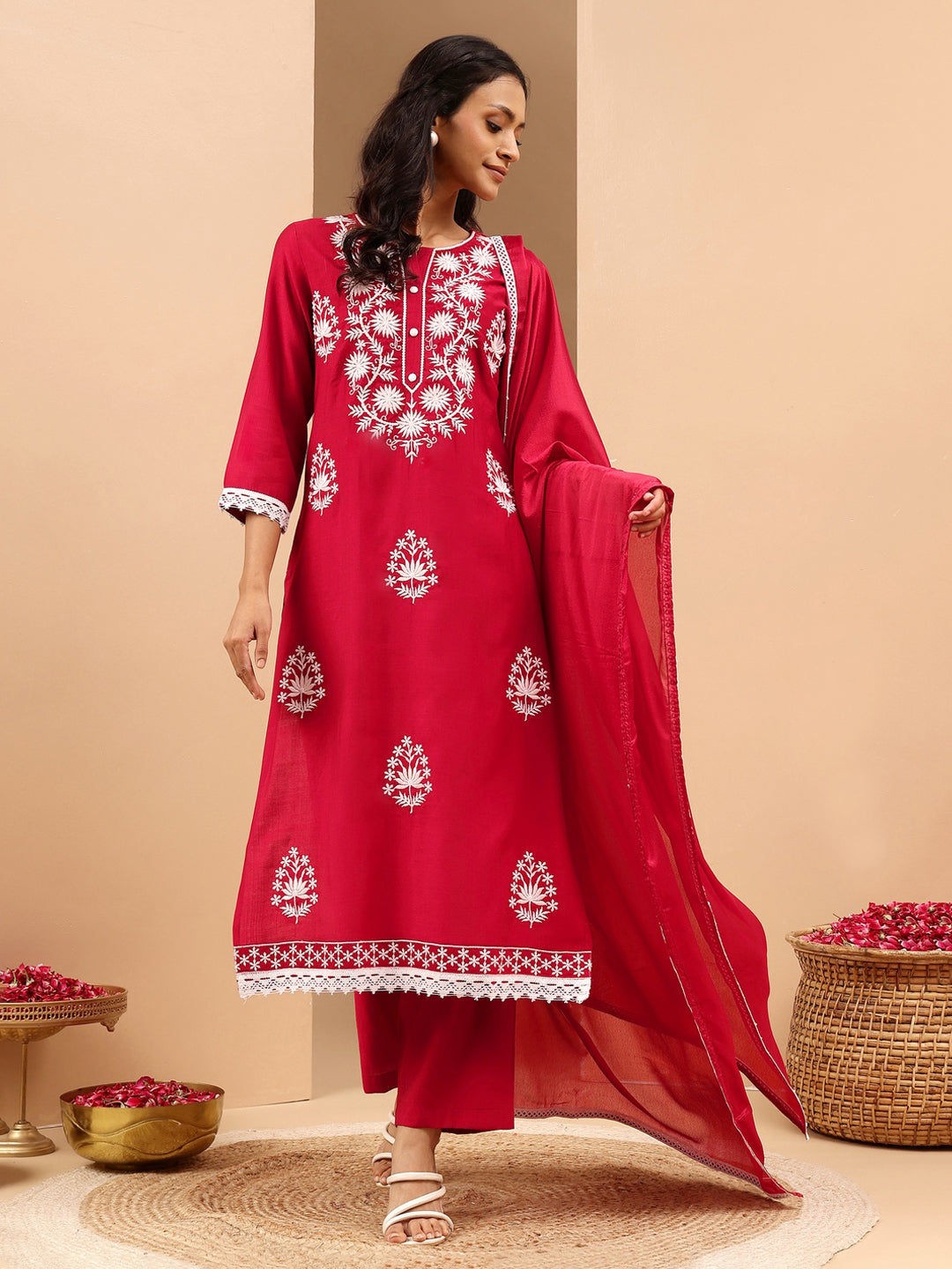 Janasya Women's Maroon Silk Blend Embroidered Straight Kurta Set