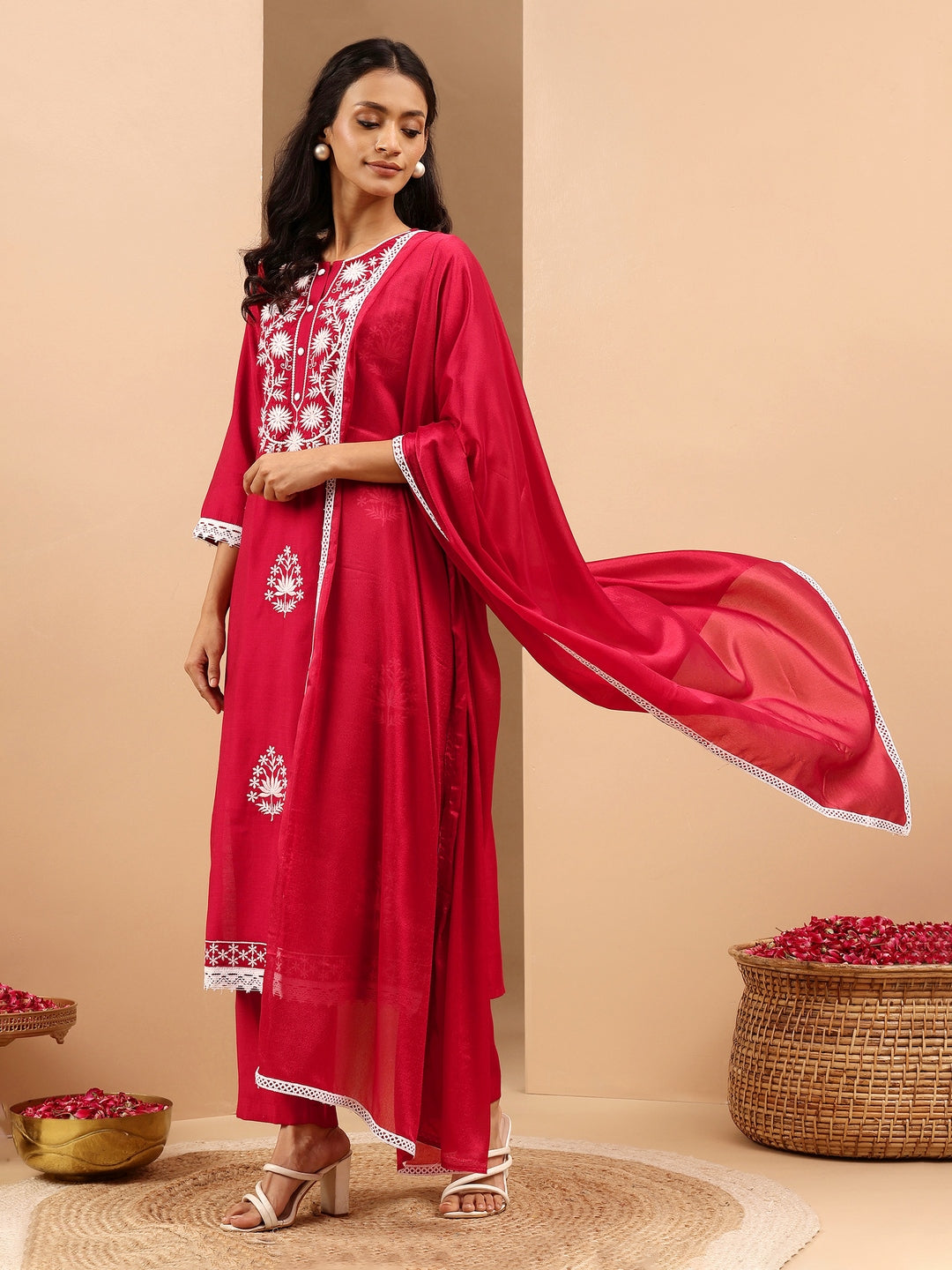 Janasya Women's Maroon Silk Blend Embroidered Straight Kurta Set