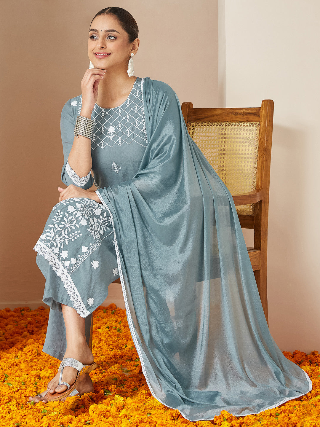 Janasya Women's Powder Blue Silk Blend Embroidered Straight Kurta Set