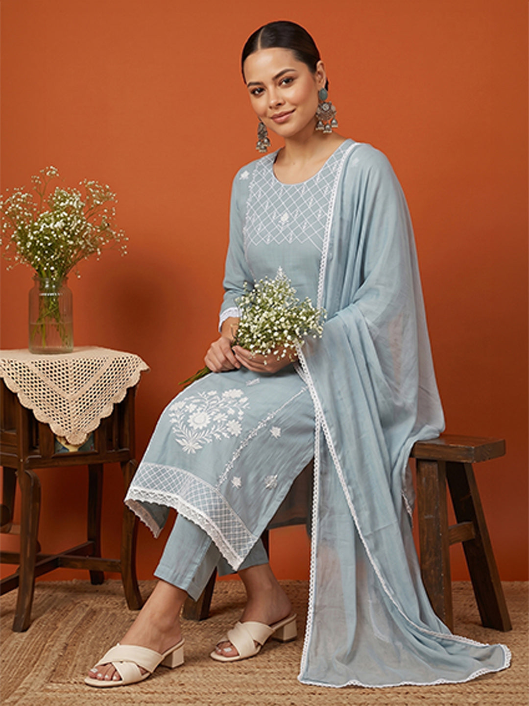 Janasya Women's Powder Blue Silk Blend Embroidered Straight Kurta Set
