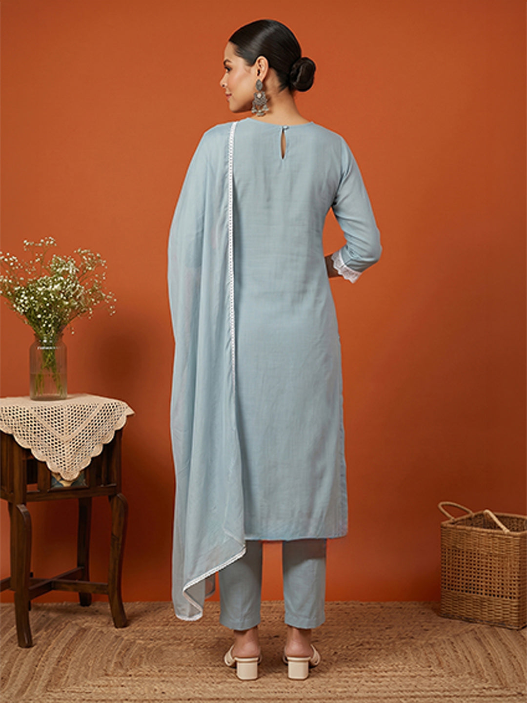 Janasya Women's Powder Blue Silk Blend Embroidered Straight Kurta Set