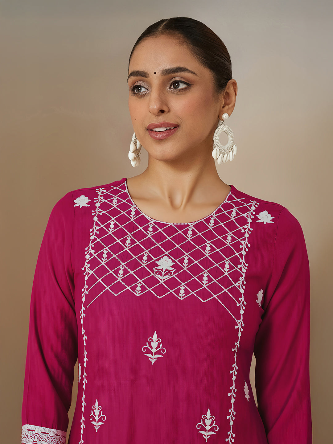 Janasya Women's Pink Silk Blend Embroidered Straight Kurta Set