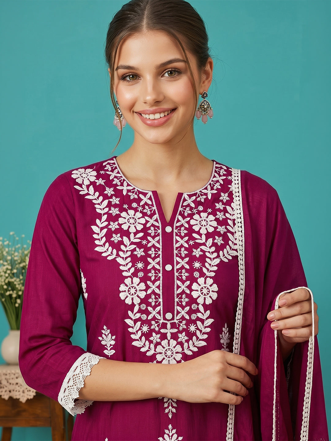 Janasya Women's Pink Silk Blend Embroidered Straight Kurta Set With Dupatta
