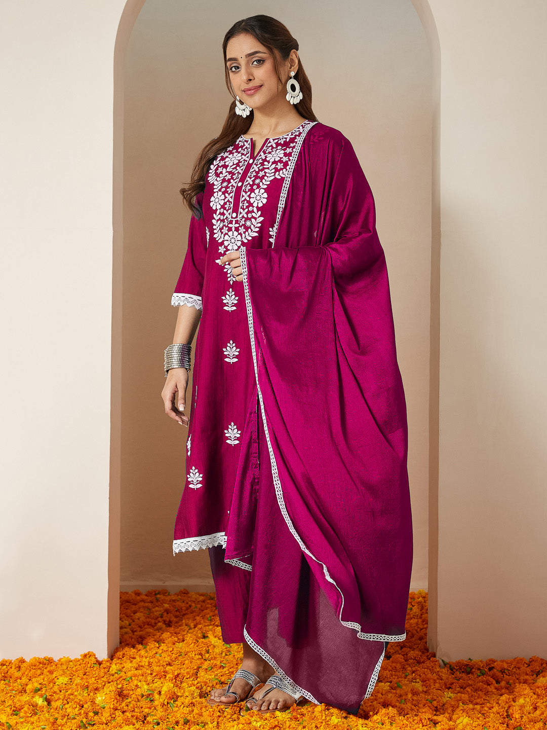 Janasya Women's Pink Silk Blend Embroidered Straight Kurta Set With Dupatta