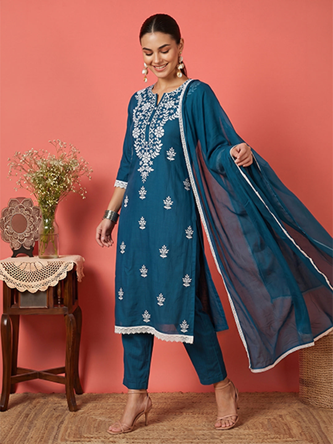 Janasya Women's Teal Blue Silk Blend Embroidered Straight Kurta Set