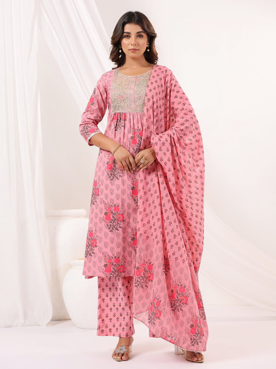 Janasya Women's Pink Pure Cotton Yoke Embroidered Floral Printed Gathered Kurta Set
