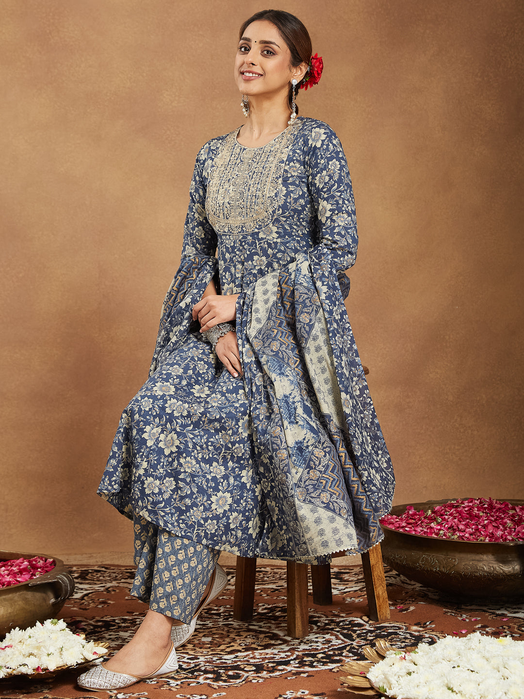 Janasya Blue Pure Cotton Floral Printed Anarkali Kurta Set