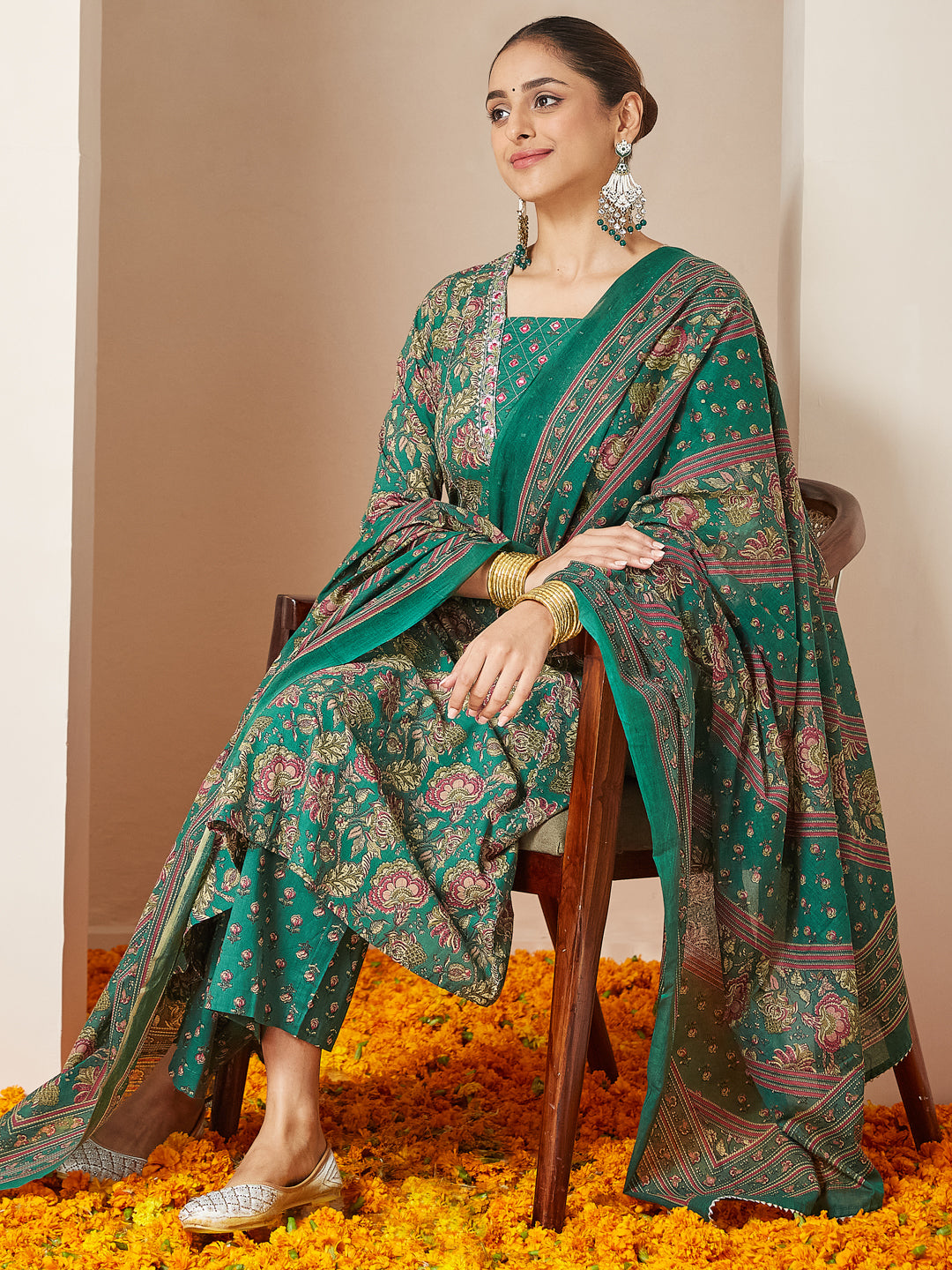 Janasya Women's Dark Green Pure Cotton Floral Printed Yoke Embroidered A-line Kurta Set