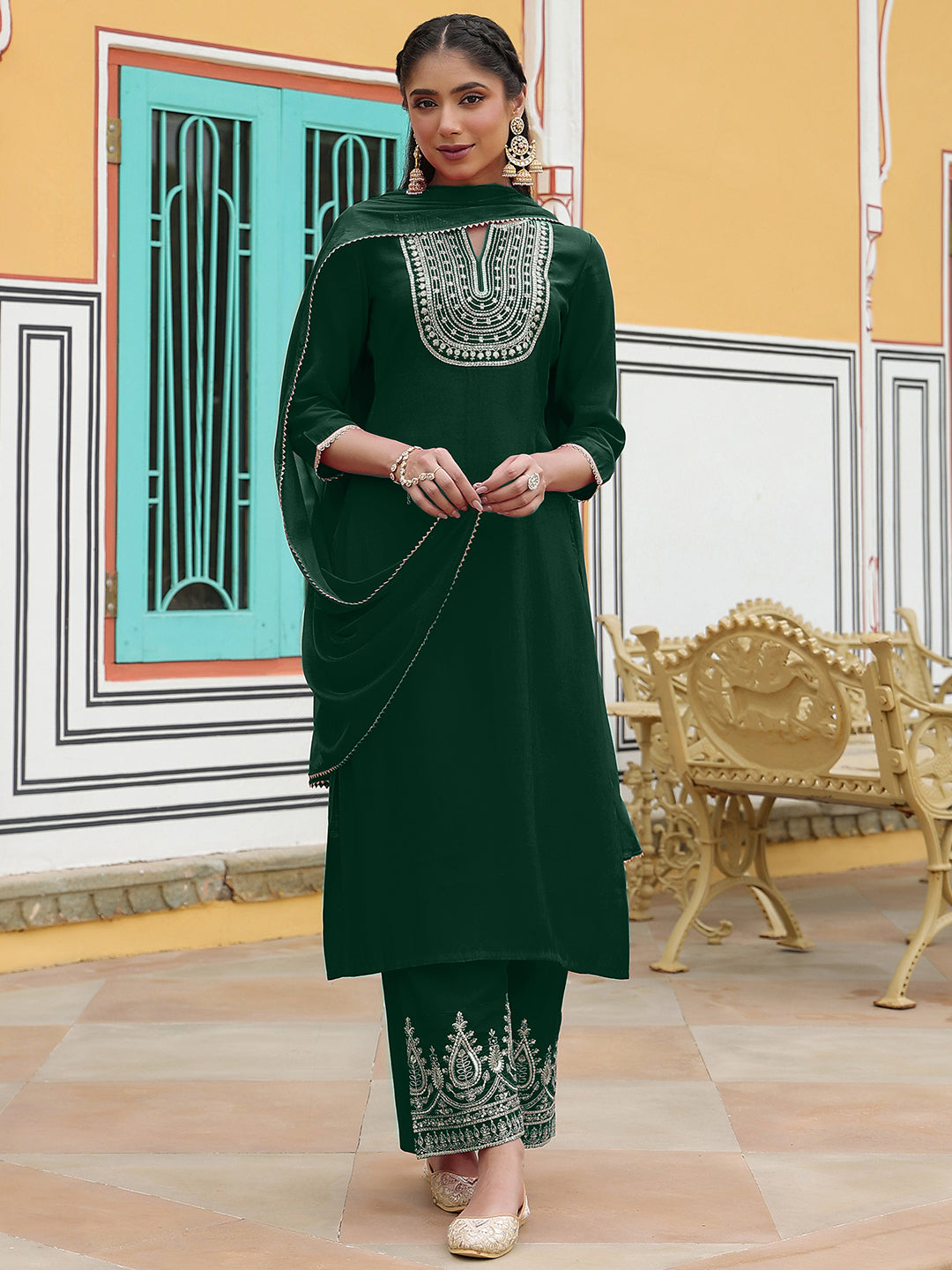 Janasya Women's Dark Green Chanderi Silk Zari Embroidered Straight Kurta Set