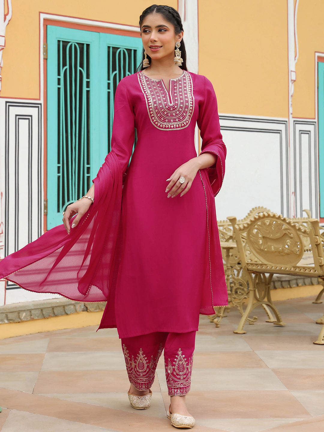 Janasya Women's Pink Chanderi Silk Zari Embroidered Straight Kurta Set