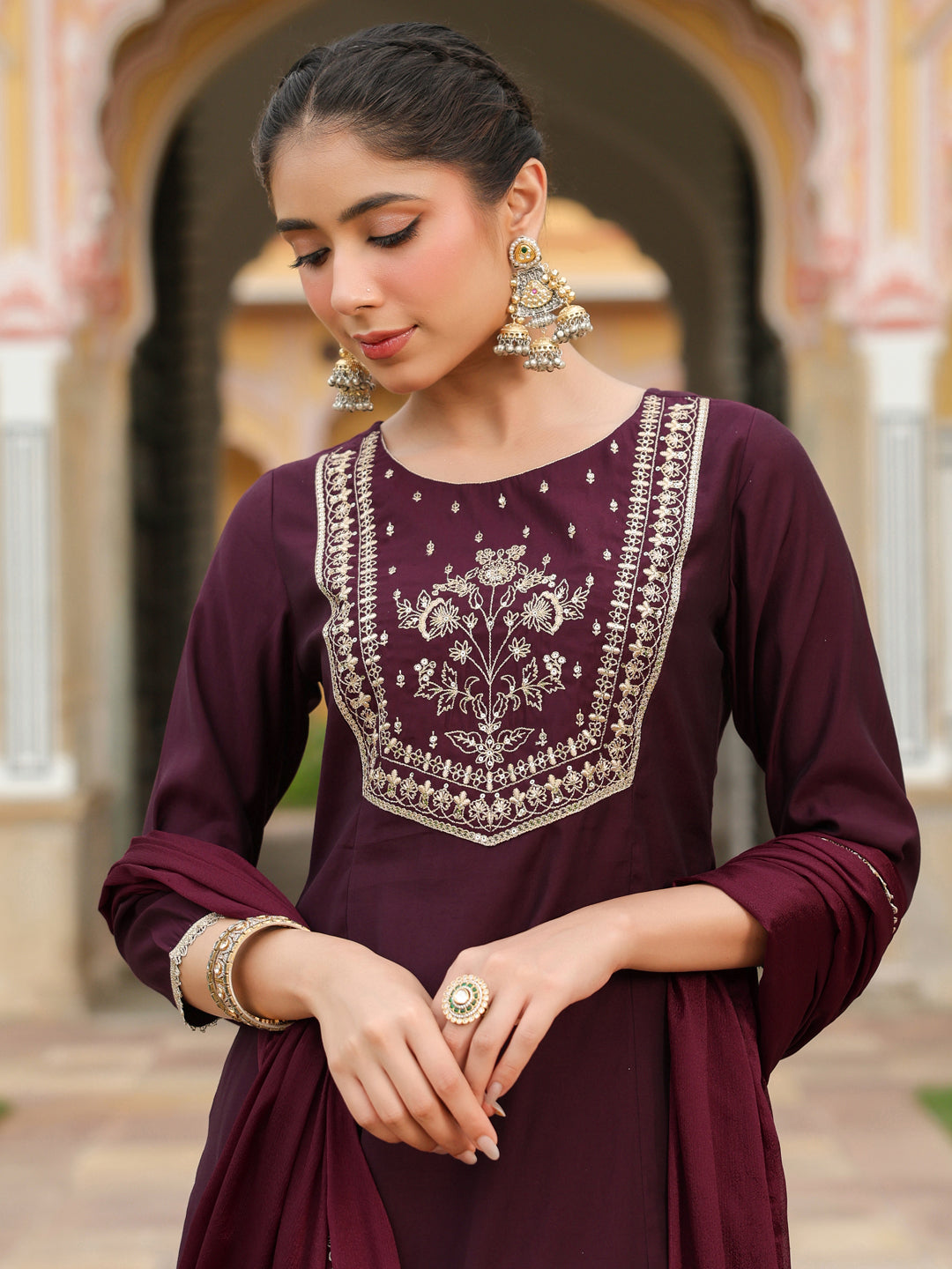 Janasya Women's Wine Chanderi Silk Zari Embroidered A-line Kurta With Palazzo & Dupatta Set