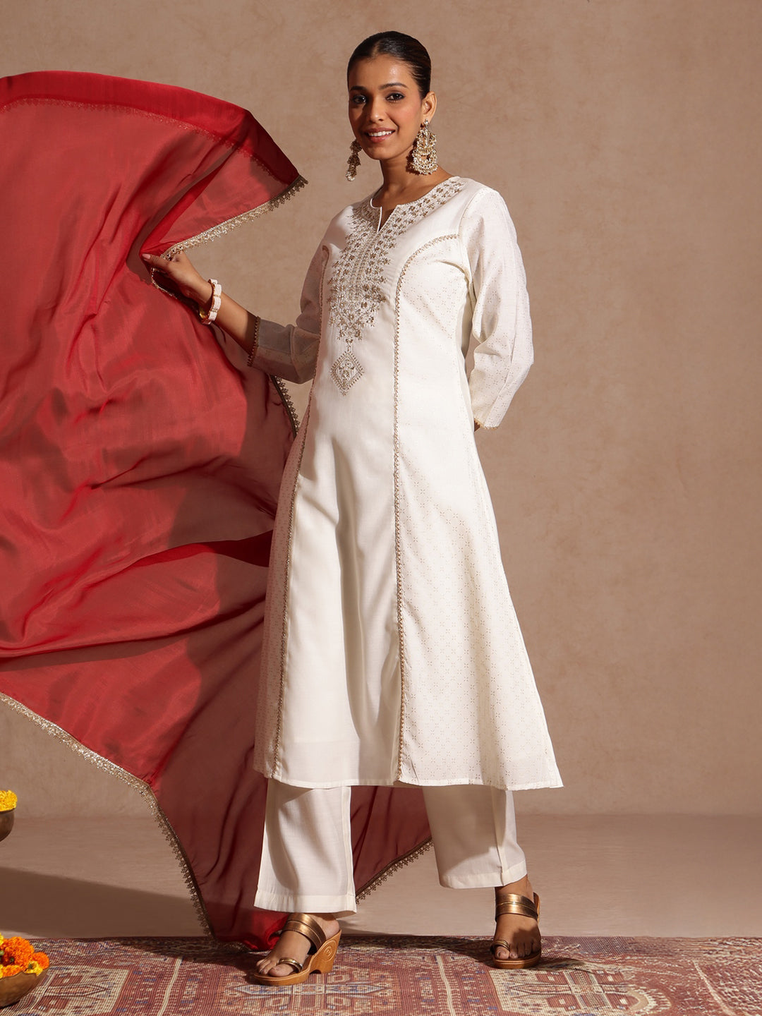 Janasya Women's Off White Chanderi Silk Zari Embroidered Gold Printed A-line Kurta Set