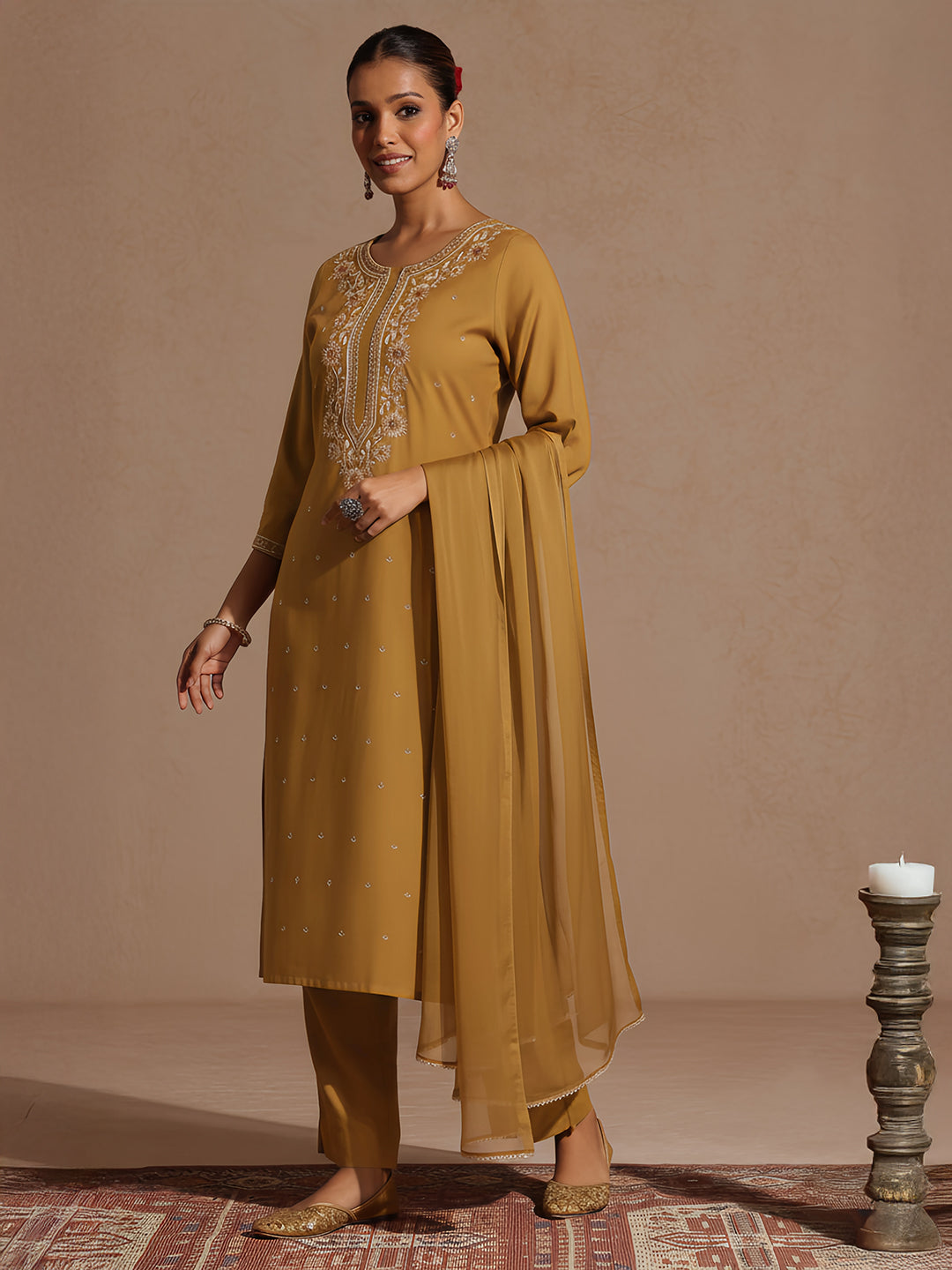 Janasya Women's Mustard Rayon Embroidered Straight Kurta Set