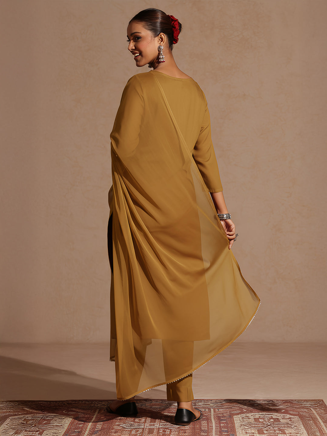Janasya Women's Mustard Rayon Embroidered Straight Kurta Set