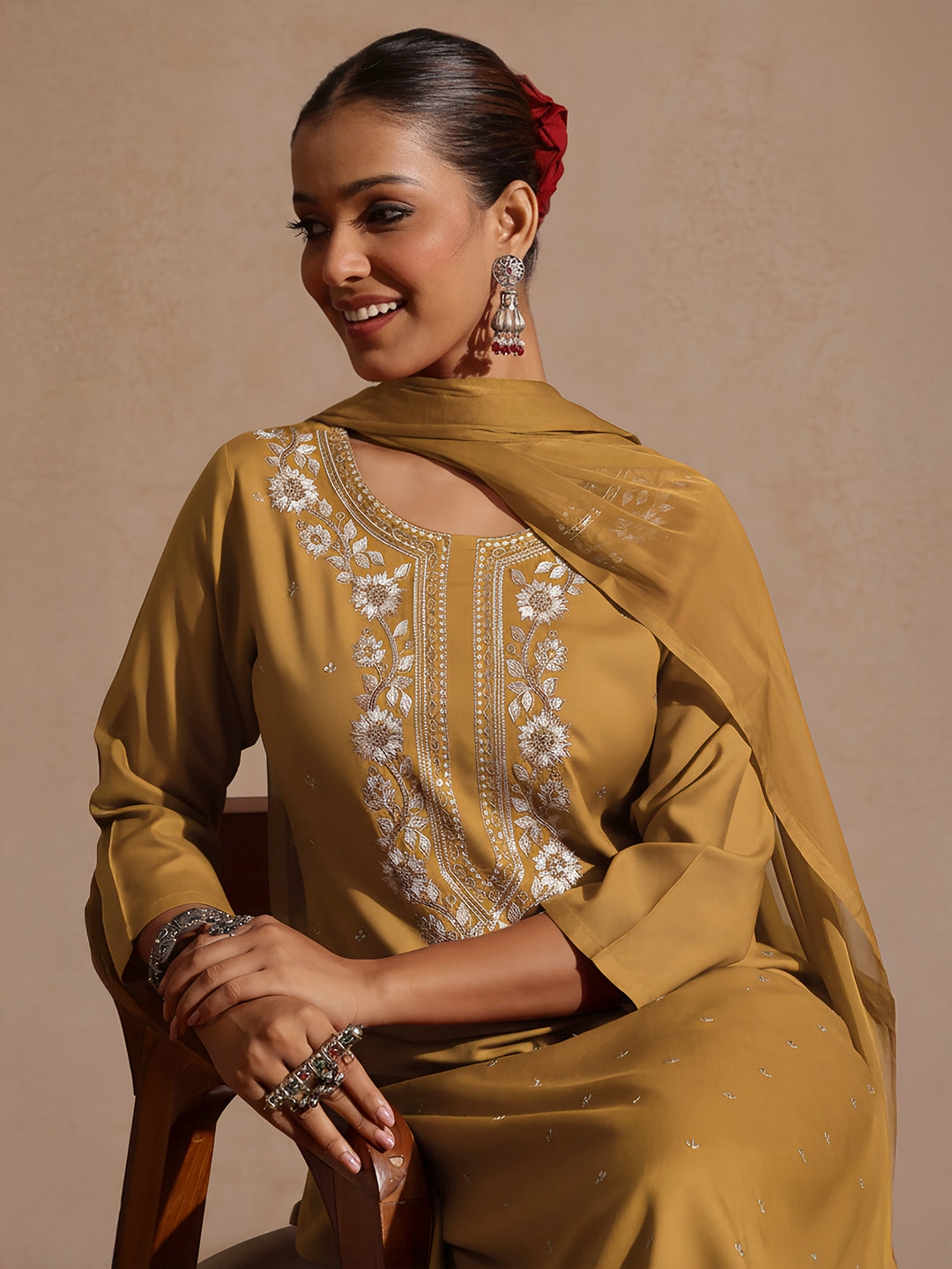 Janasya Women's Mustard Rayon Embroidered Straight Kurta Set