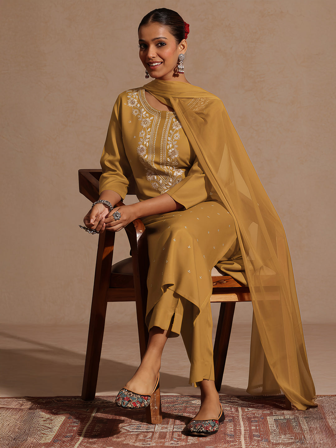 Janasya Women's Mustard Rayon Embroidered Straight Kurta Set