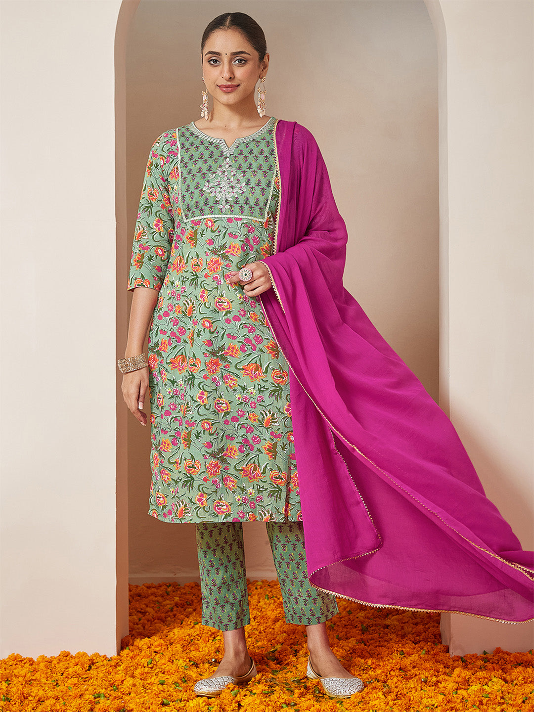 Janasya Women's Mint Green Pure Cotton Yoke Embroidered Floral Printed Straight Kurta Set