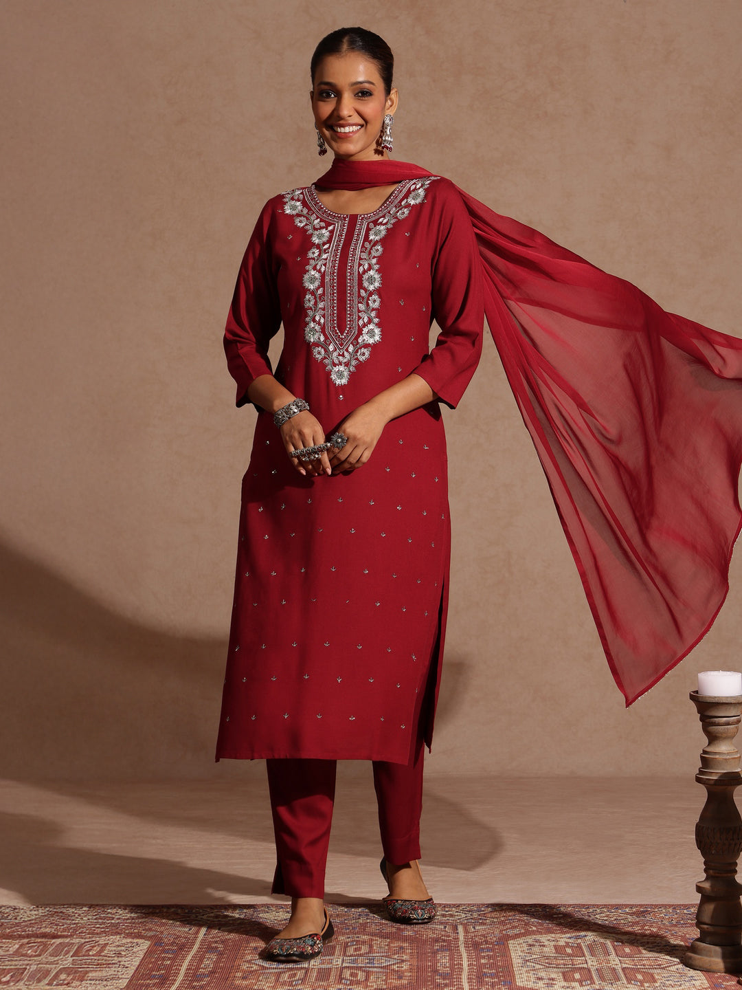 Janasya Women's Maroon Rayon Yoke Embroidered Sequinned Straight Kurta Set With Dupatta