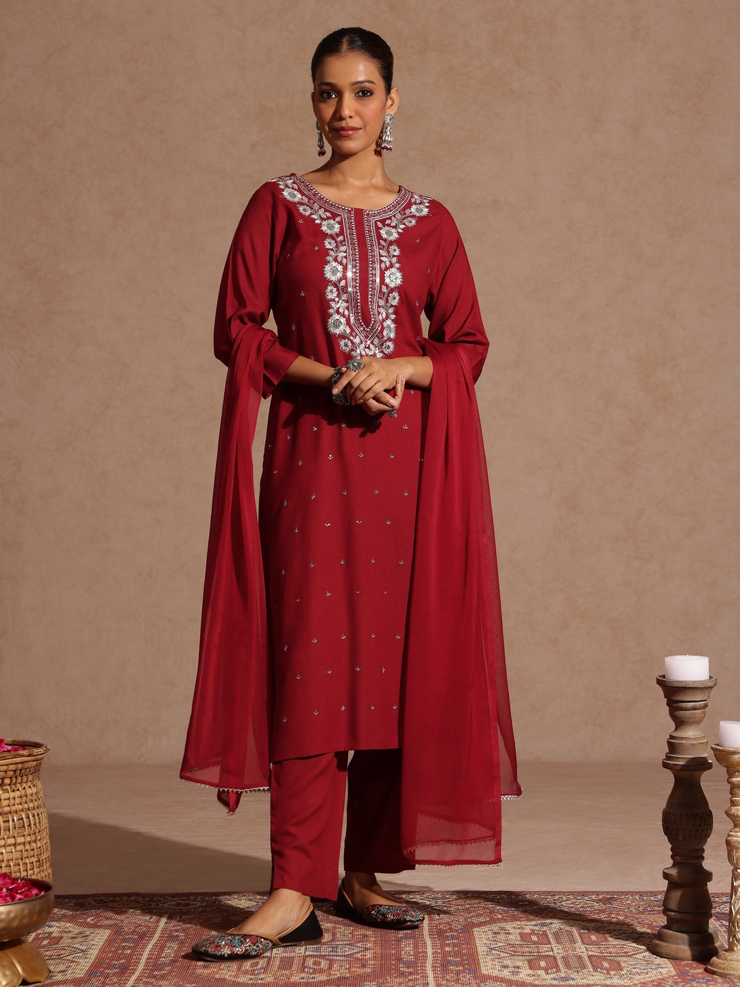 Janasya Women's Maroon Rayon Yoke Embroidered Sequinned Straight Kurta Set With Dupatta