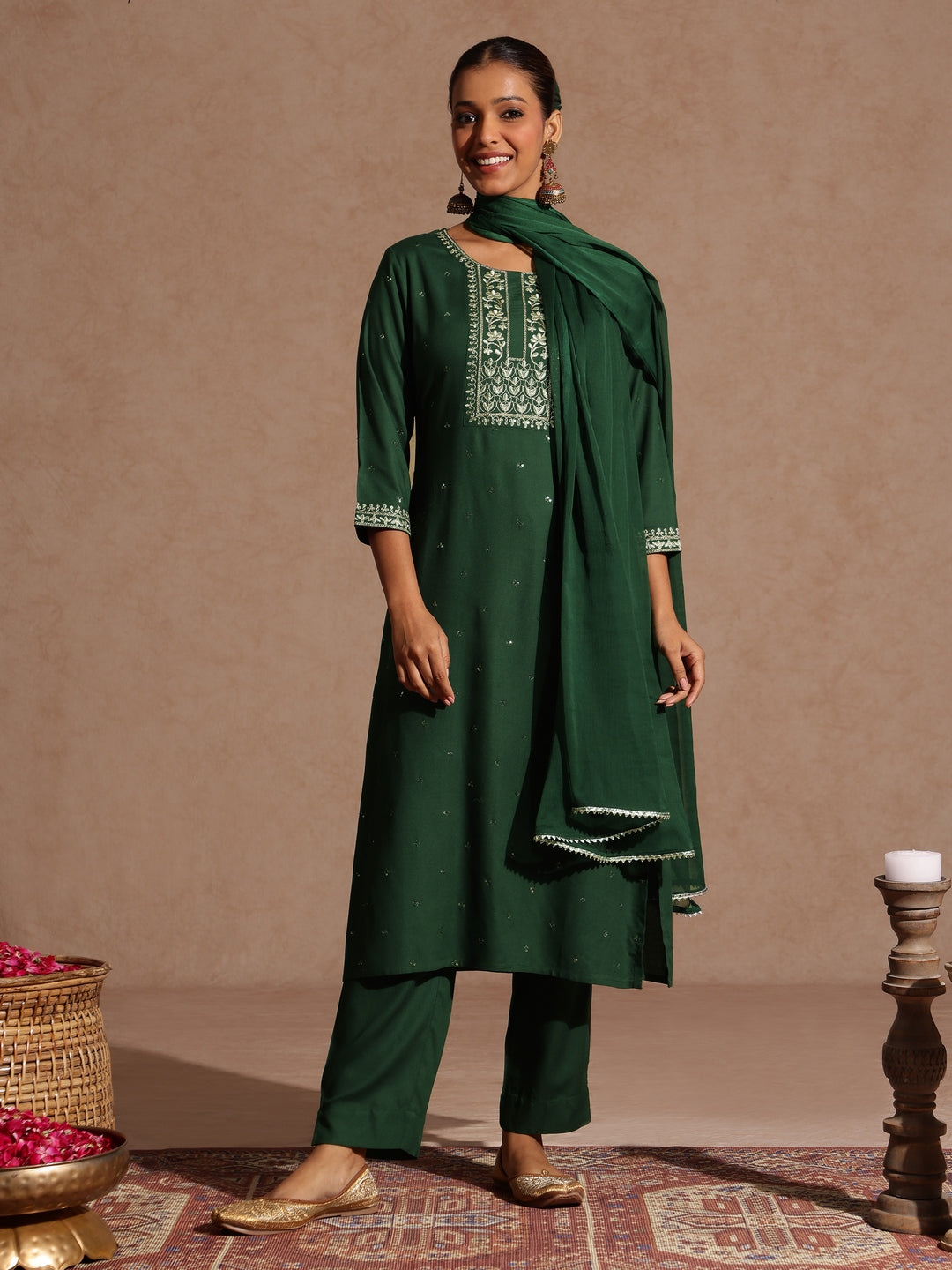 Janasya Women's Maroon Rayon Yoke Embroidered Sequinned Straight Kurta Set With Dupatta