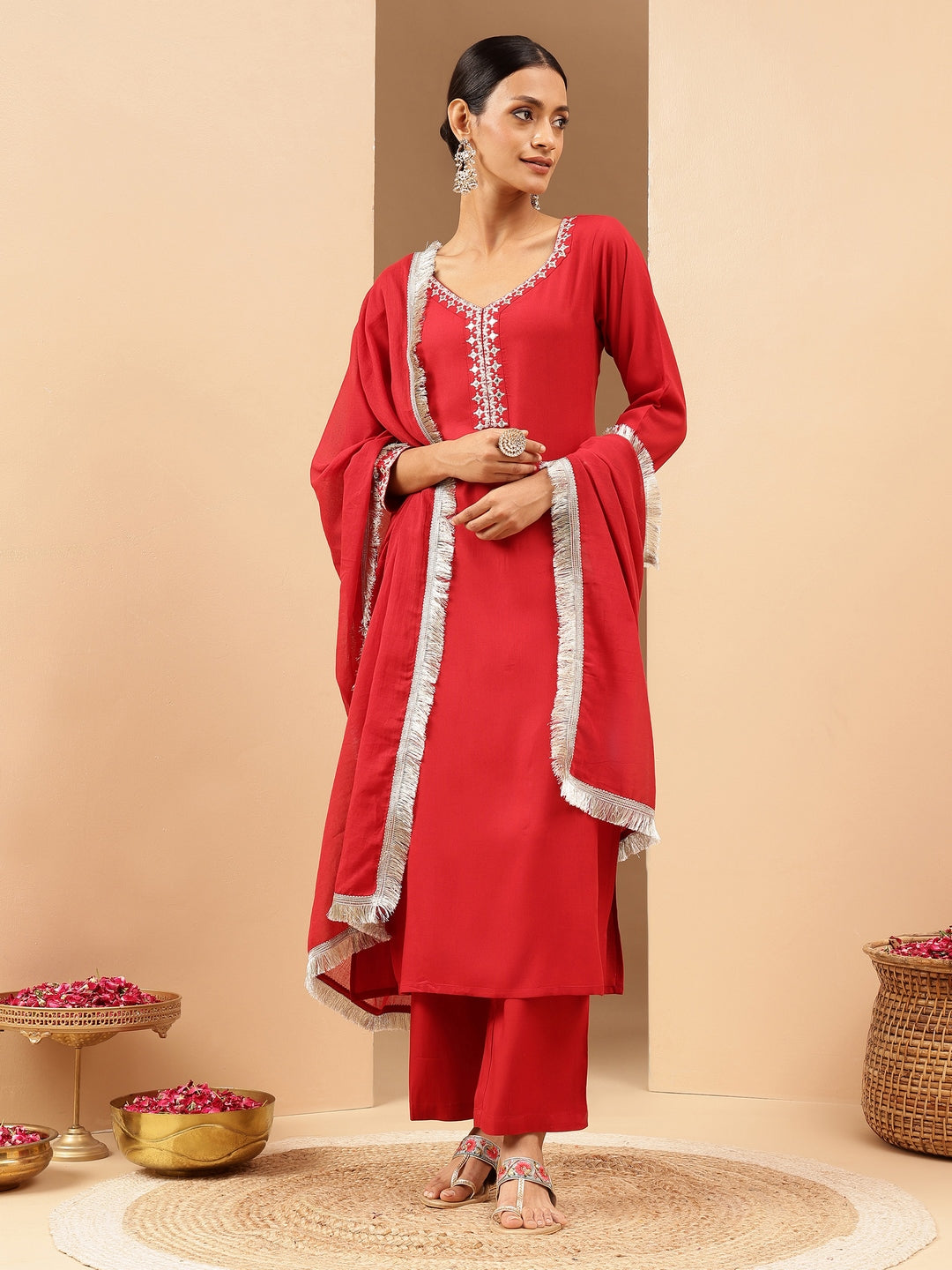 Janasya Women's Maroon Rayon Yoke Embroidered Straight Kurta Set