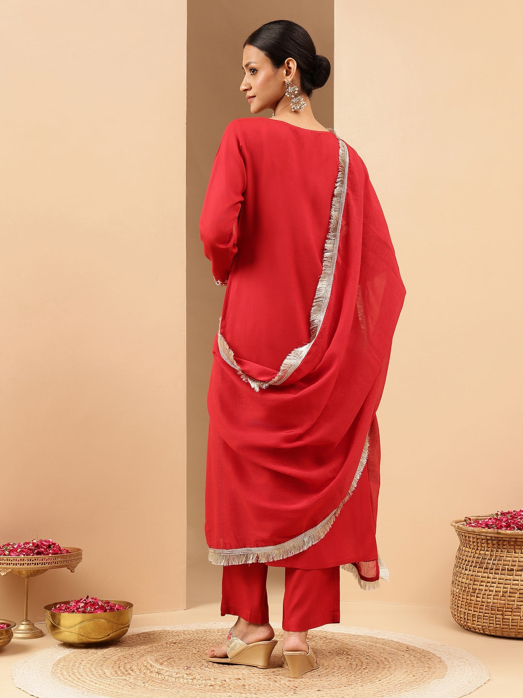 Janasya Women's Maroon Rayon Yoke Embroidered Straight Kurta Set