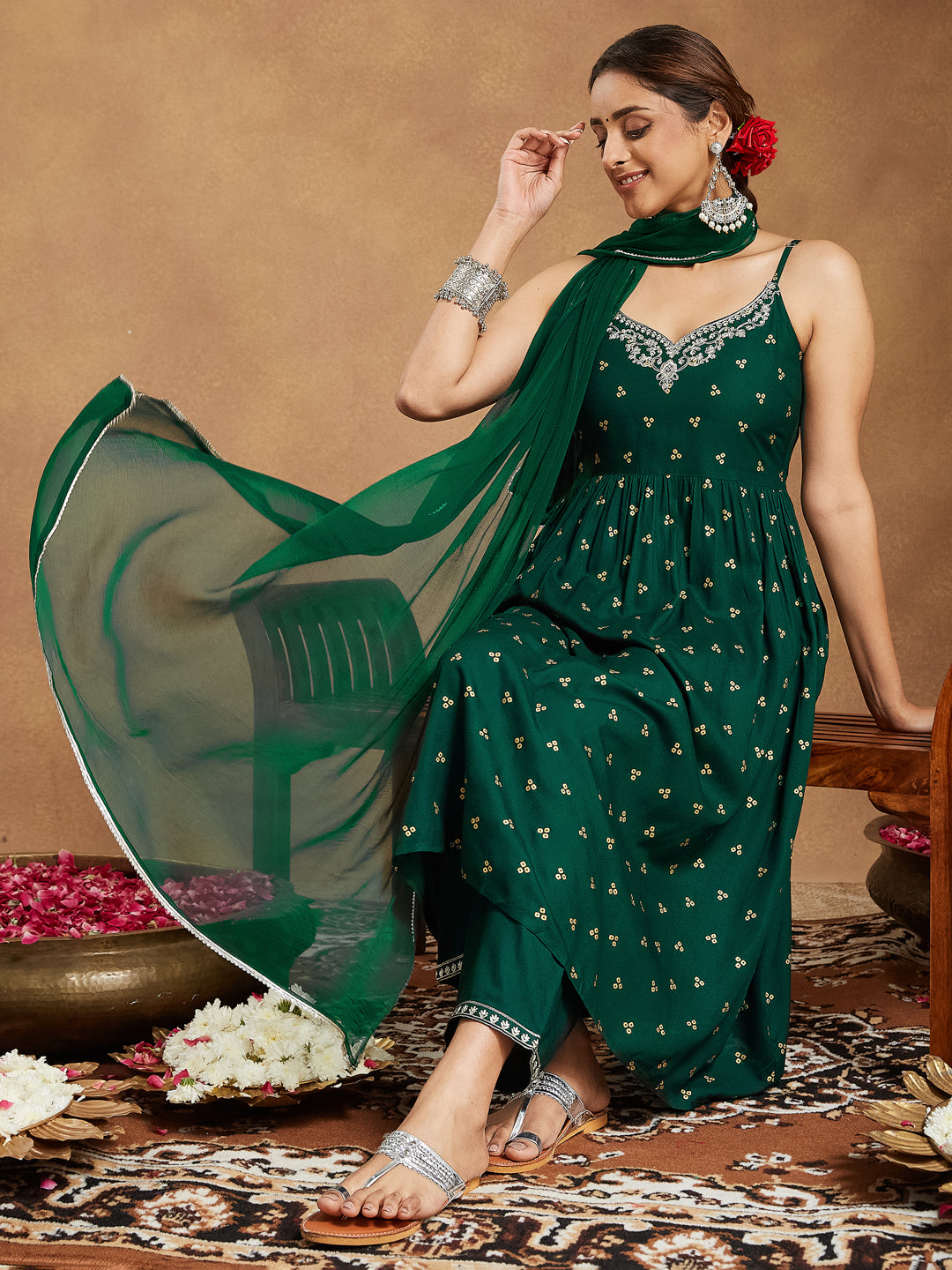 Janasya Women's Dark Green Rayon Yoke Embroidered Gold Printed A-line Kurta Set