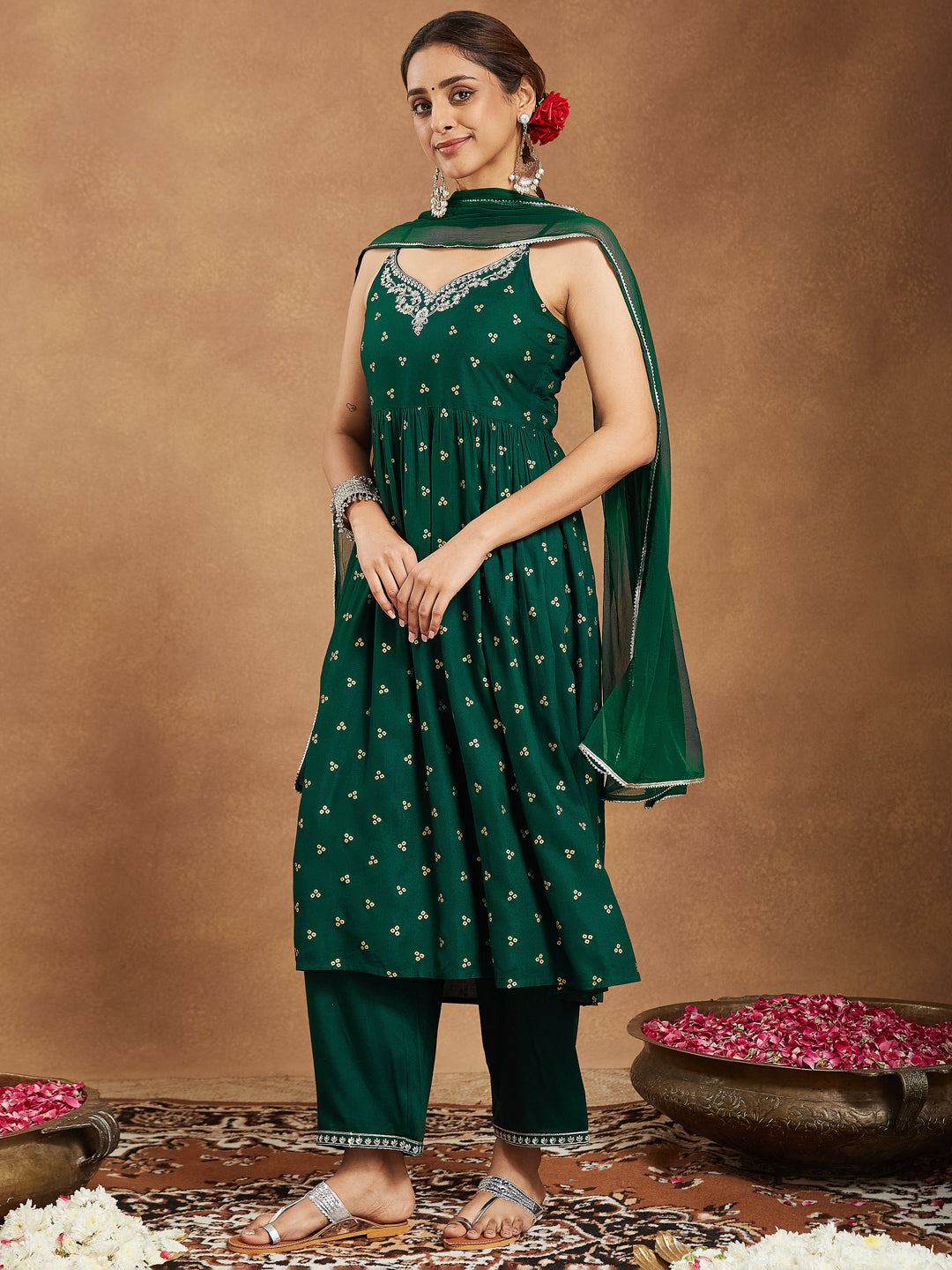 Janasya Women's Dark Green Rayon Yoke Embroidered Gold Printed A-line Kurta Set