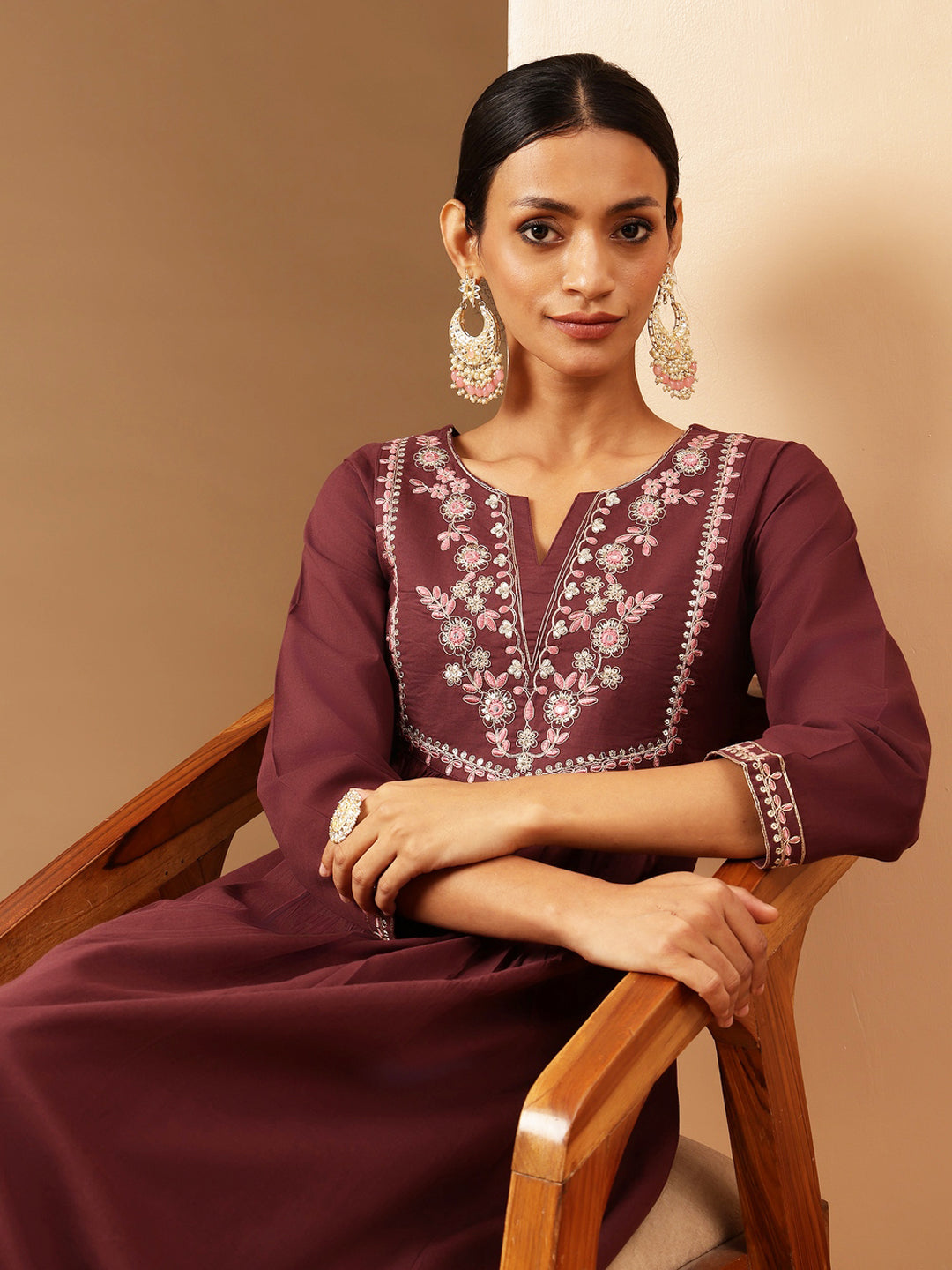 Janasya Women's Bungundy Pure Cotton Yoke Embroidered A-line Kurta Set