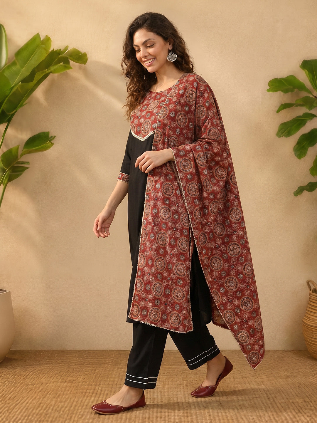 Janasya Women's Black Rayon Ajrakh Printed Straight Kurta Set