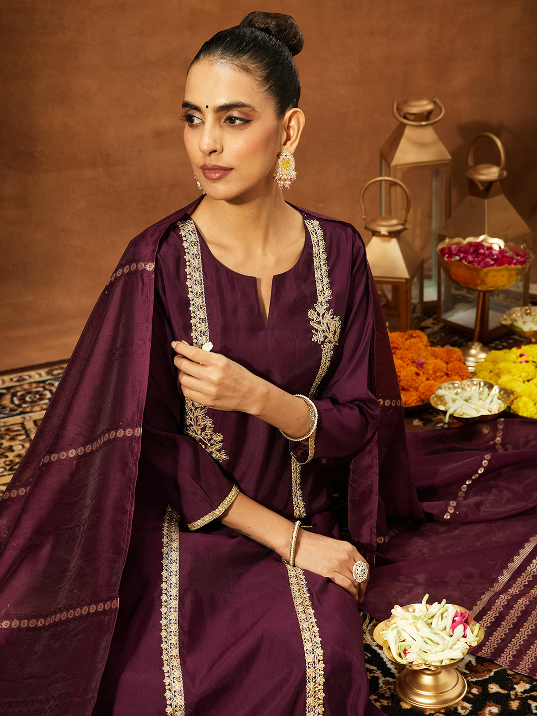 Janasya Women's Wine Chanderi Silk Embroidered Straight Kurta Set