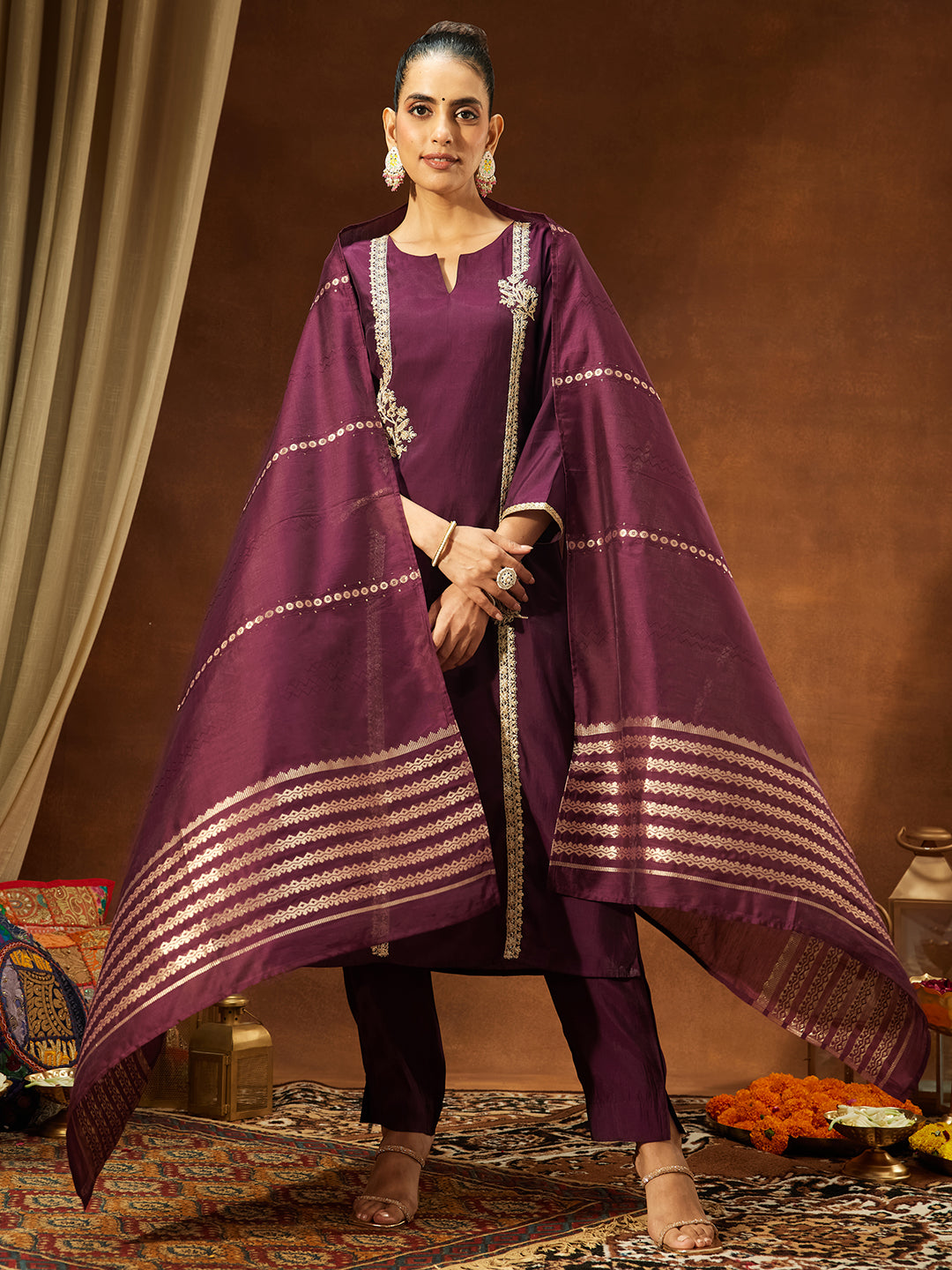 Janasya Women's Wine Chanderi Silk Embroidered Straight Kurta Set