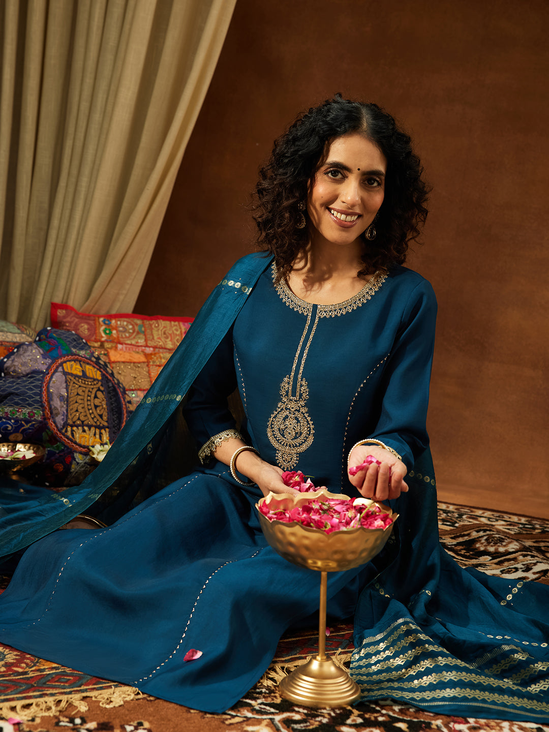 Janasya Women's Teal Chanderi Yoke Embroidery Straight Kurta Set