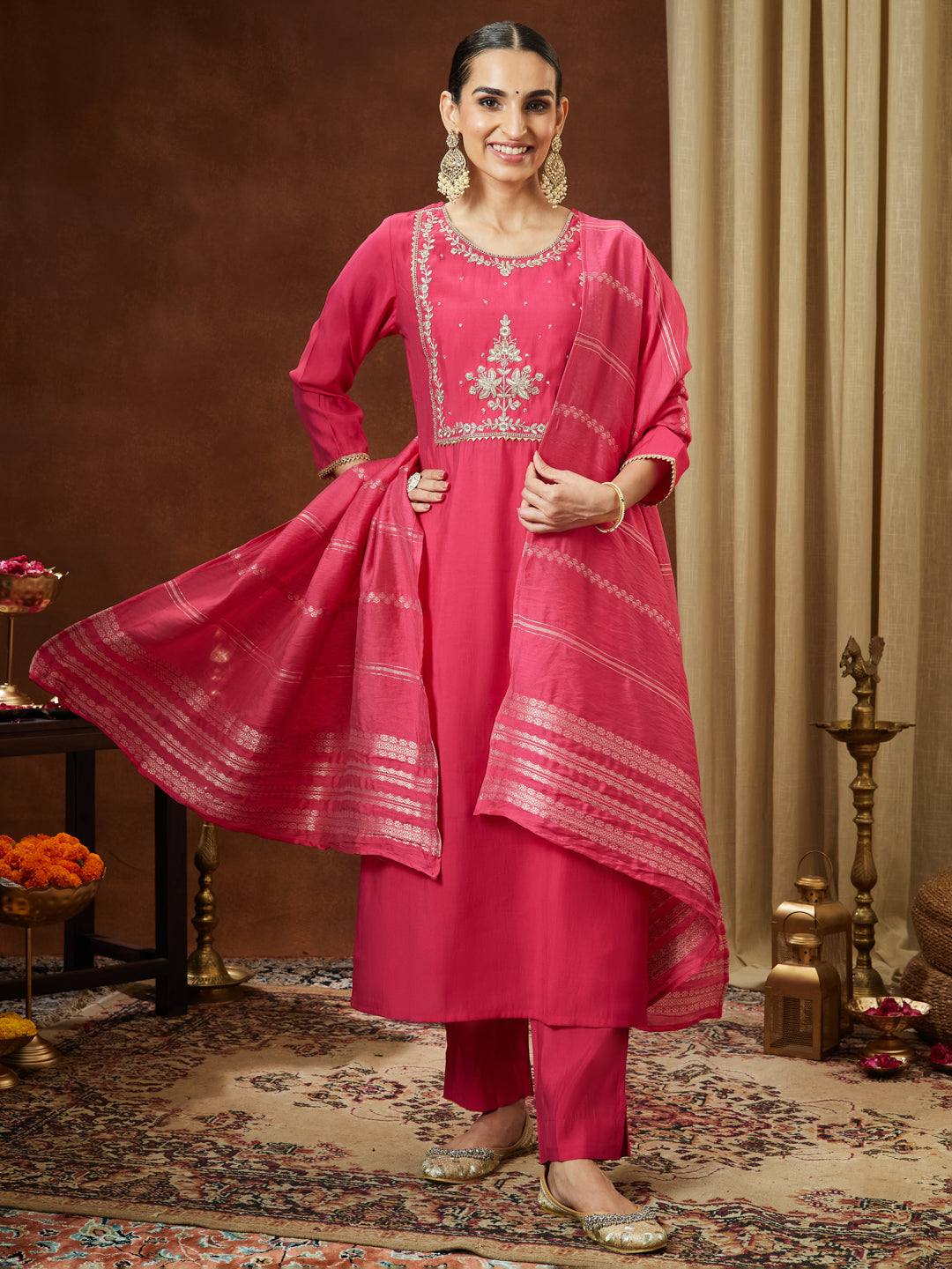 Janasya Women's Pink Chanderi Silk Zari Yoke Embroidered Straight Kurta Set