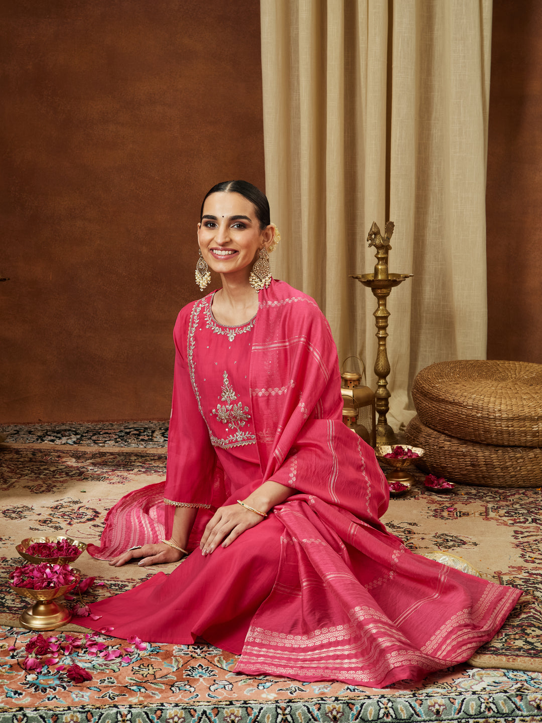 Janasya Women's Pink Chanderi Silk Zari Yoke Embroidered Straight Kurta Set