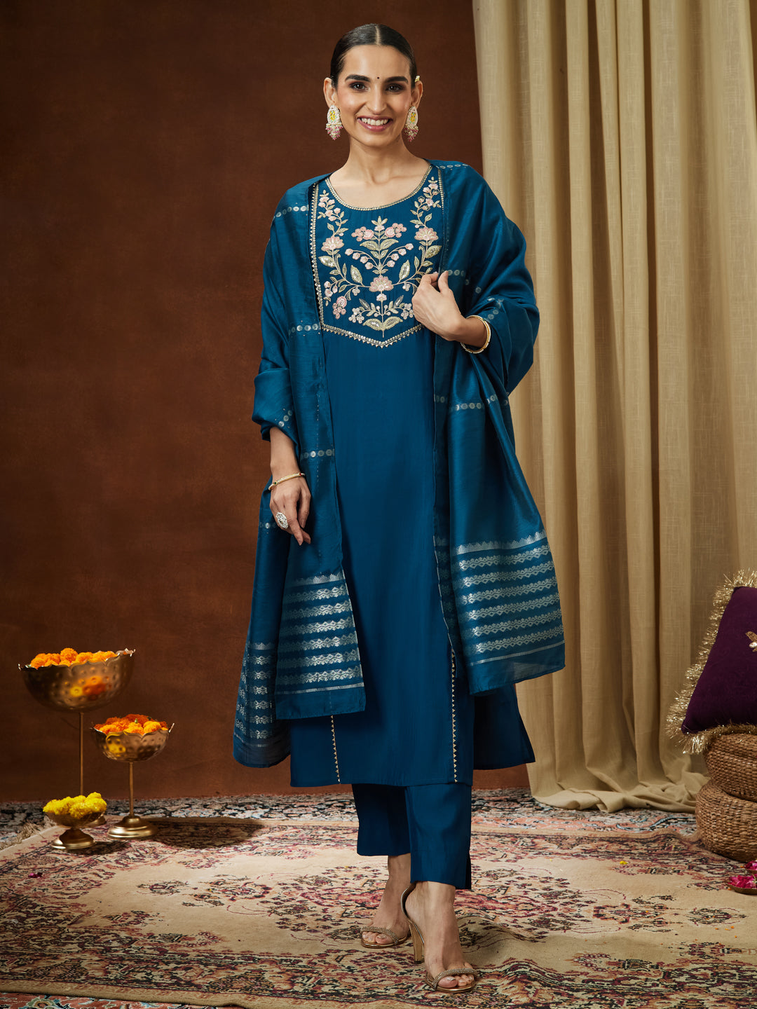 Janasya Women's Teal Blue Chanderi Silk Yoke Embroidered Straight Kurta Set