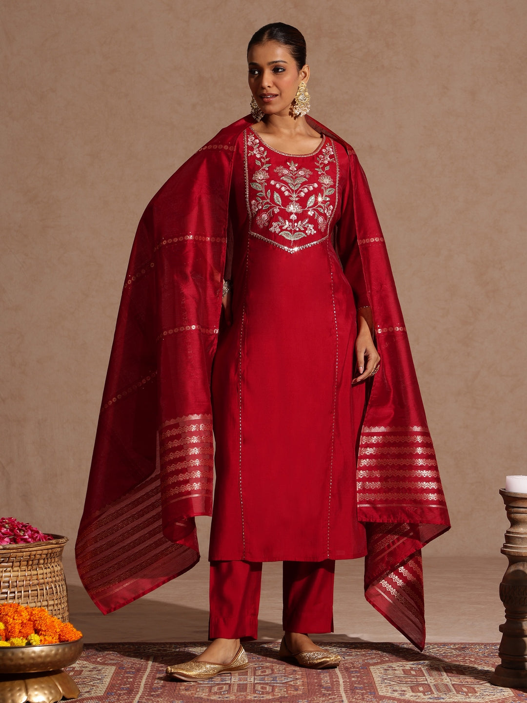 Janasya Women's Maroon Chanderi Silk Zari Yoke Embroidered Straight Kurta Set
