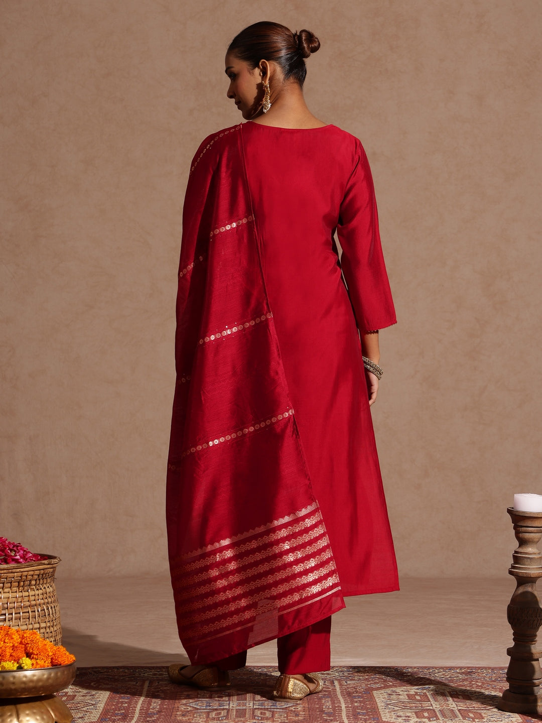 Janasya Women's Maroon Chanderi Silk Zari Yoke Embroidered Straight Kurta Set
